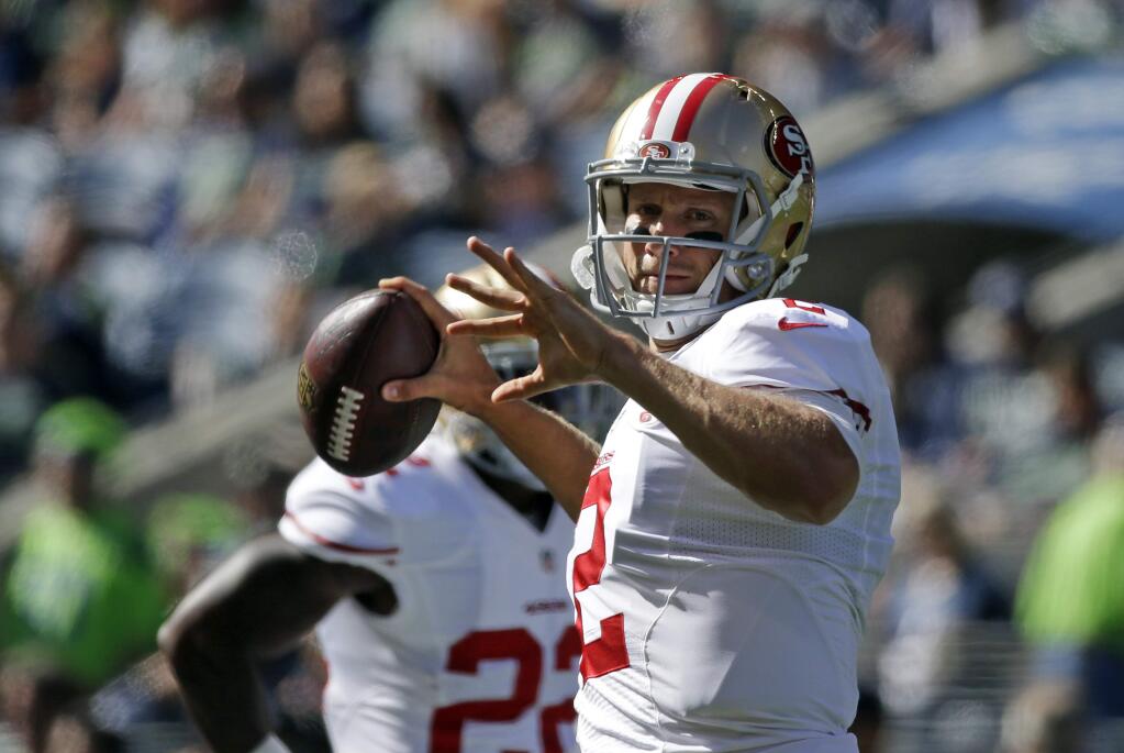 San Francisco 49ers quarterback Blaine Gabbert warms-up before an NFL football game against the Seattle Seahawks, Sunday, Sept. 25, 2016, in Seattle. (AP Photo/Ted S. Warren)