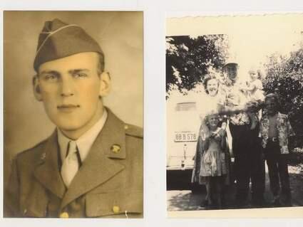 Bob Harris is shown in his Army uniform (left) and with his wife, Shirley, and four children. (Family photo)