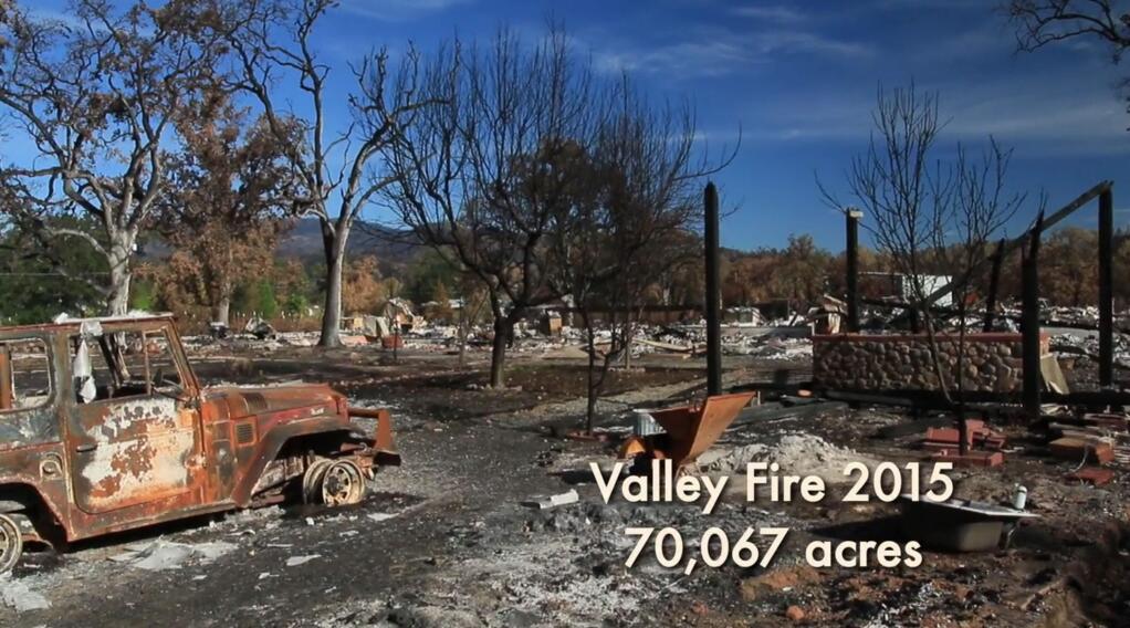 A scene from the documentary 'Wilder Than Wild: Fire, Forests and the Future,' by Kevin White that shows the aftermath of the 2015 Valley Fire that burned through the area south of Clear Lake down to Middletown. The film is about the extraordinary increase in destructive wildfires has come from the combined impacts of climate change, drought, and a century of fire suppression in the Western United States, including last October's Wine Country wildfires. (Indiegogo / youtube)