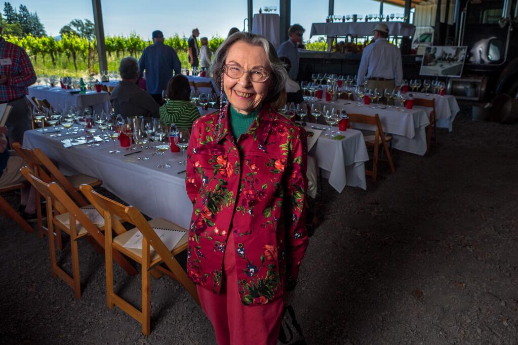 Helen Bacigalupi, 92, at the wine tasting competition at Bacigalupi Vineyards in Healdsburg, Sunday, May 1, 2016. The event paid homage to the Paris Wine Tasting of 1976, when California wines were unwittingly chosen as winners in the competition, including a winning white by the Healdsburg winery. (Chris Hardy / For The Press Democrat)