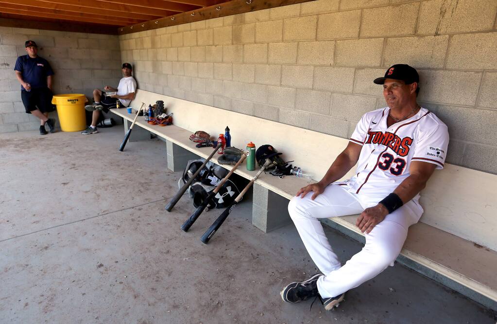 Jose Canseco, former big-league baseball star, was designated hitter for the Sonoma Stompers when they faced off against the San Rafael Pacifics at Arnold Field in Sonoma, Friday, June 12, 2015. (Crista Jeremiason / The Press Democrat)