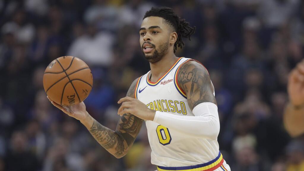 Golden State Warriors guard D'Angelo Russell against the San Antonio Spurs during an NBA basketball game in San Francisco, Friday, Nov. 1, 2019. (AP Photo/Jeff Chiu)