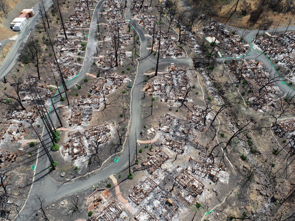 The aerial photo shows the devastation of the 2020 Glass Fire at 580 Lommel Road in Calistoga on June 16, 2021. Photo courtesy of Fenton Grant Mayfield Kaneda & Litt, LLP