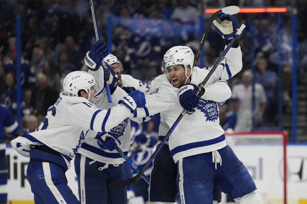 Toronto Maple Leafs center John Tavares celebrates his game-winning goal against the Tampa Bay Lightning during overtime in Game 6 of their first-round playoff series Saturday, April 29, 2023, in Tampa, Florida. (Chris O’Meara / ASSOCIATED PRESS)