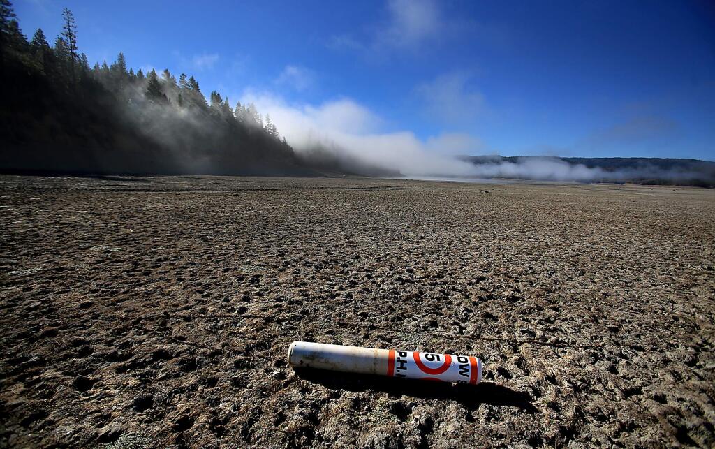 A boat marker on the bed of Lake Pillsbury in Lake County as the California drought drags on, Tuesday Oct. 20, 2015. (Kent Porter / Press Democrat) 2015