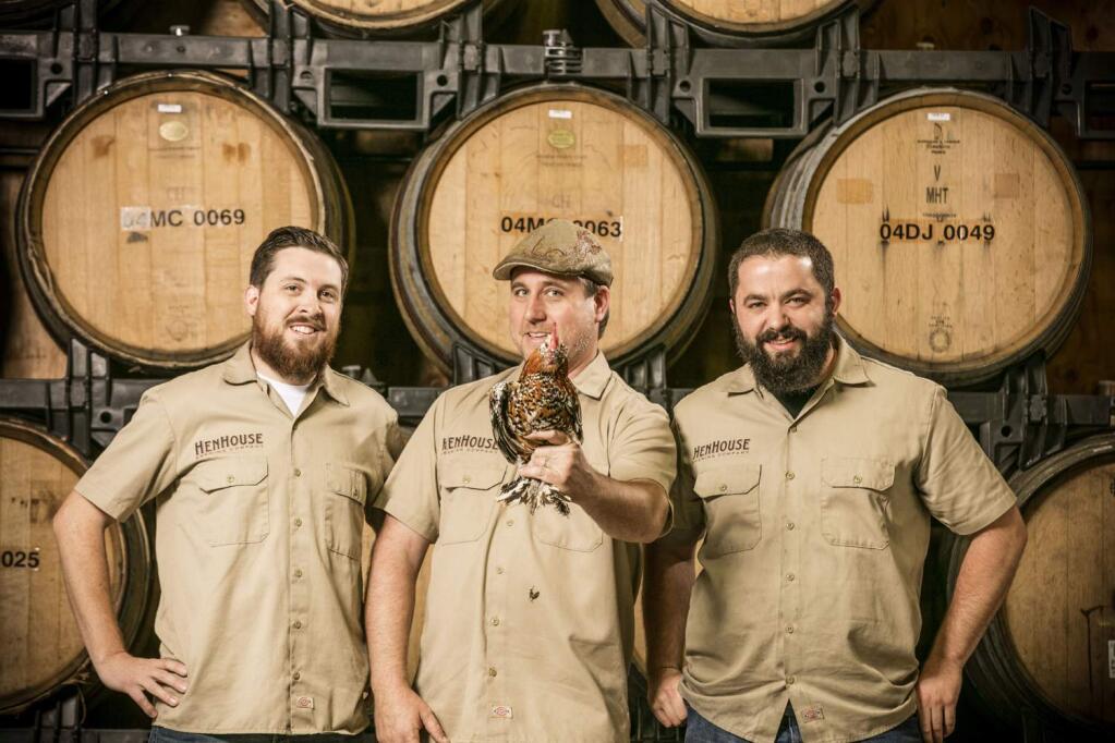 HenHouse Brewing has come a long way since it started with three people in 2012. The Petaluma-based company is celebrating its 10-year anniversary starting this weekend. Left to right: Shane Goepel, Scott Goyne and Collin McDonnell of HenHouse Brewing Company in Petaluma. (COURTESY OF SARA SANGER/HENHOUSE)