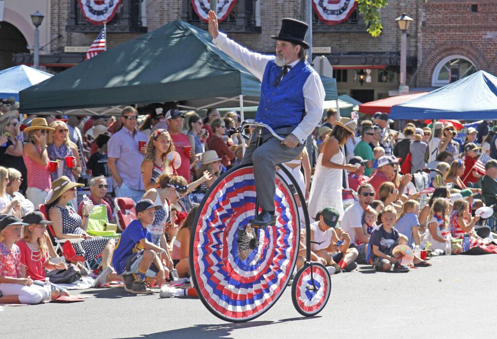 Bill Hoban/Index-Tribune file photoThis will be the 30th year Roger Rhoten will ride his penny farthing bicycle in Sonoma's 4th of July parade.