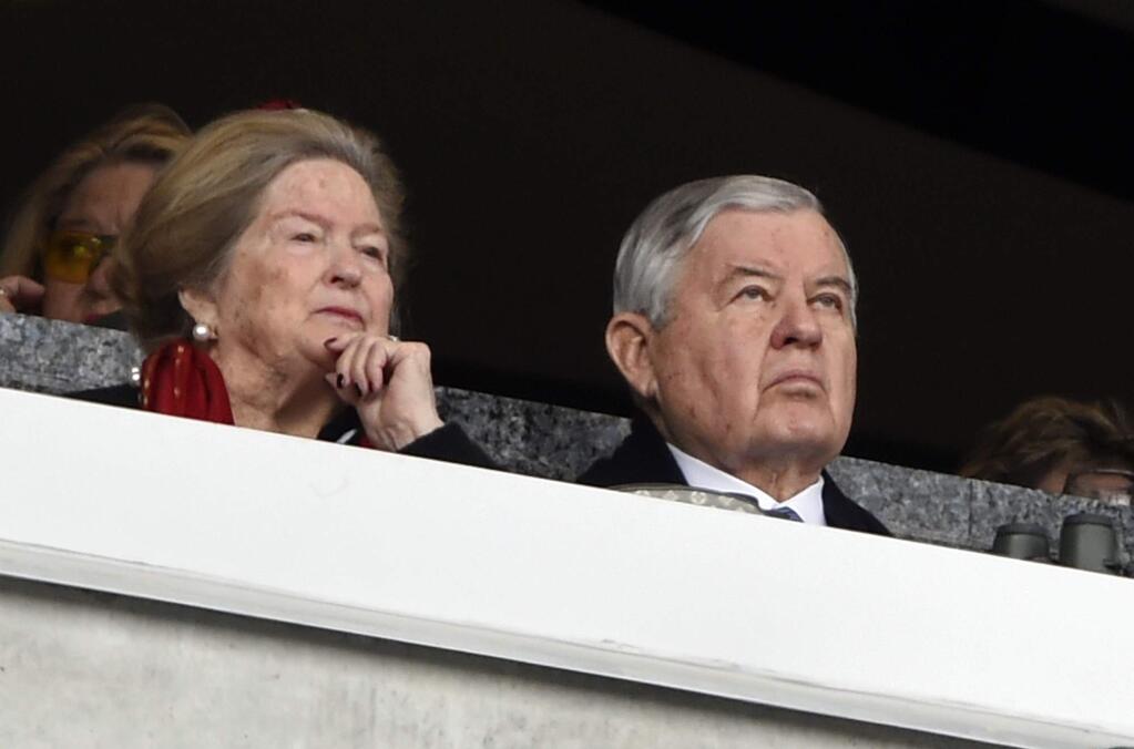 Carolina Panthers owner Jerry Richardson watches the action during the first half of an NFL football game between the Carolina Panthers and the Green Bay Packers in Charlotte, N.C., Sunday, Dec. 17, 2017. The Carolina Panthers have announced that owner Jerry Richardson is selling the NFL franchise amid an investigation by the league into allegations of sexual and racist misconduct by Richardson in the workplace. (AP Photo/Mike McCarn)