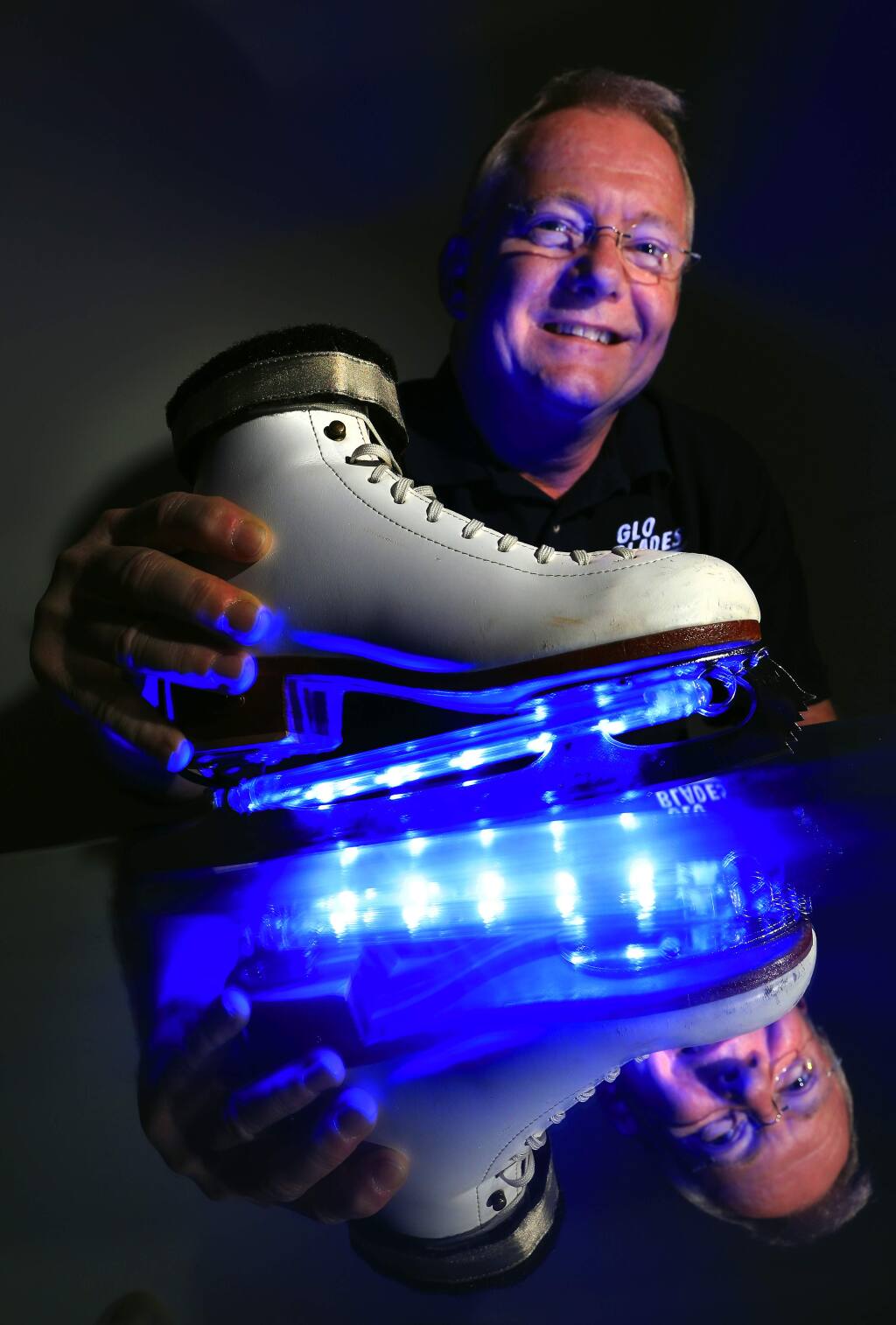 Ralph Haney invented 'Glo-Blades,' a color-changing led light system for ice skatess. (JOHN BURGESS / The Press Democrat)