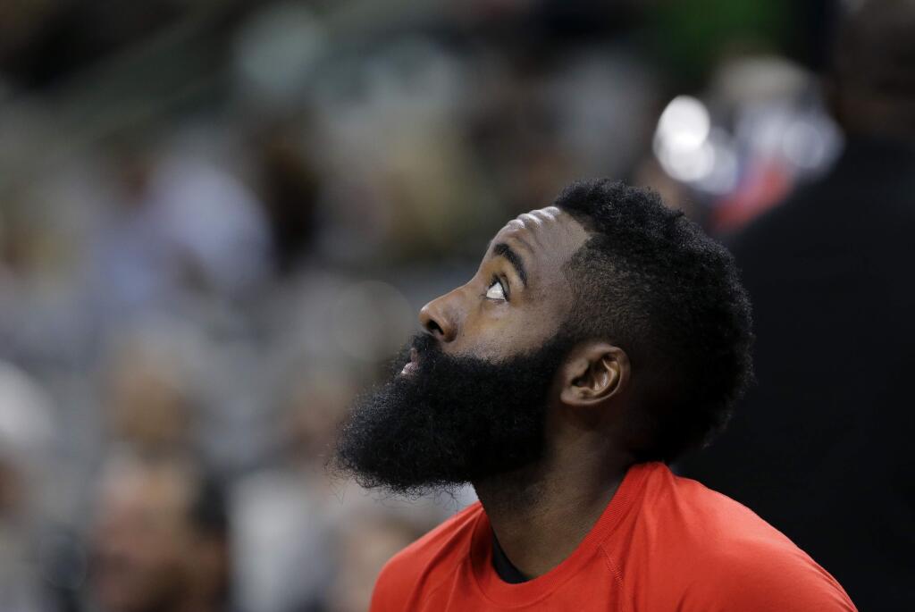 Houston Rockets guard James Harden (13) during the second half of an NBA basketball game against the San Antonio Spurs, Wednesday, Jan. 27, 2016, in San Antonio. (AP Photo/Eric Gay)