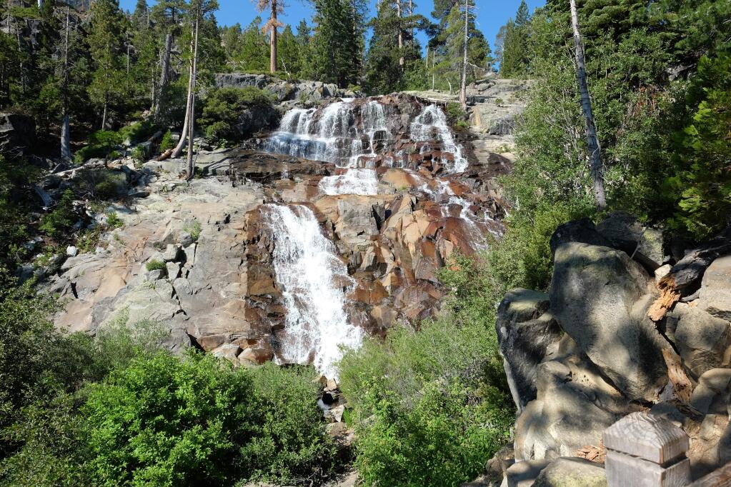 Lower Eagle Falls, on a short spur above the Rubicon Trail, has slowed to a modest trickle by late summer, after the snow has melted. A relatively steeper trail climbs to vistas at Upper Eagle Falls.