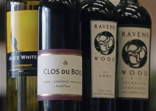 Bottles of Clos Du Bois, Ravens Wood and Alice White, wines in the Constellation Brands, are seen at Empire Wine and Liquor Outlet in Colonie, N.Y., Tuesday, July 1, 2008. Constellation Brands Inc. said Tuesday its fiscal first-quarter profit jumped 50 percent, lifted by price increases as well as strong sales of new higher-margin wine brands such as Clos du Bois and Wild Horse. (AP Photo/Mike Groll)