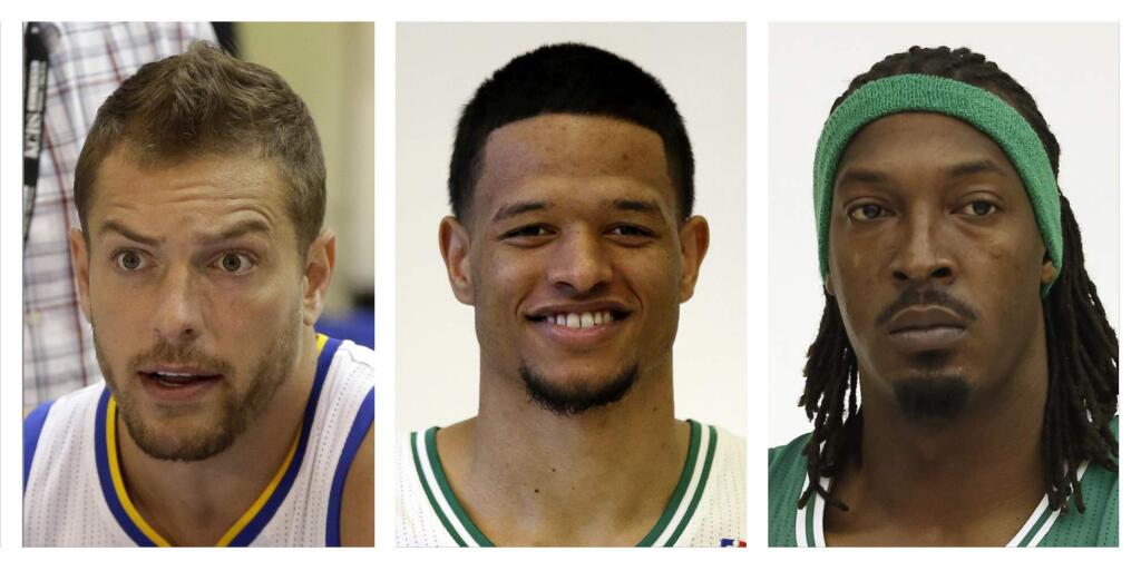 FILE - From left are Golden State Warriors' David Lee, in a 2014, file photo, Boston Celtics' Chris Babb, in a 2013, file photo, and Celtics' Gerald Wallace, in a 2014, file photo. The Golden State Warriors have completed the trade sending two-time All-Star forward David Lee to the Boston Celtics for Gerald Wallace and Chris Babb. The teams announced the deal Monday, July 27, 2015. (AP Photo/File)
