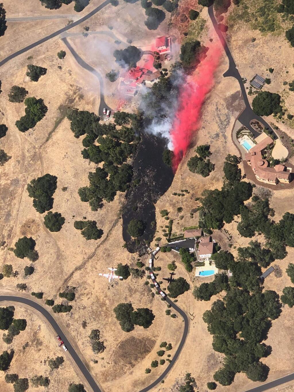 Aerial view of vegetation fire that broke out Saturday, July 13, 2019, in Shiloh Estates east of Windsor. (CAL FIRE)