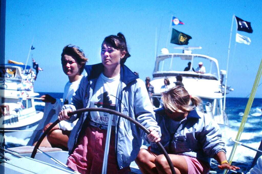 Tracy Edwards (center) steers her yacht during the 1989 Whitbread Round the World Race, the subject of the documentary “Maiden.” (Sony Pictures Classics)