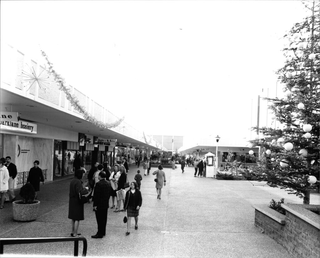 Exterior views of Coddingtown Shopping Center at Christmas in Santa Rosa, 1962. (Sonoma County Library - Don Meacham Photography Collection)