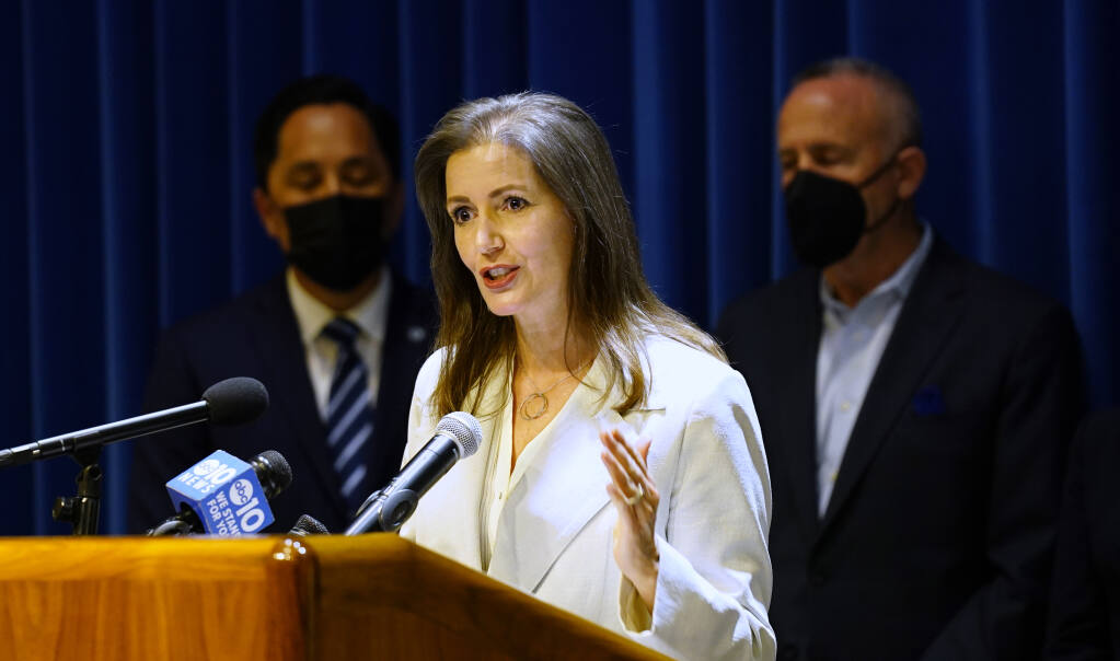 Oakland Mayor Libby Schaaf, chair of the Big City Mayors coalition, and the mayors of California's 11 largest cities, called on Gov. Gavin Newsom and the state legislature to approve $3 billion over three years in the state budget for flexible homeless funding to go directly to the cities, during a news conference in Sacramento, Calif., Monday, April 25, 2022. (AP Photo/Rich Pedroncelli)