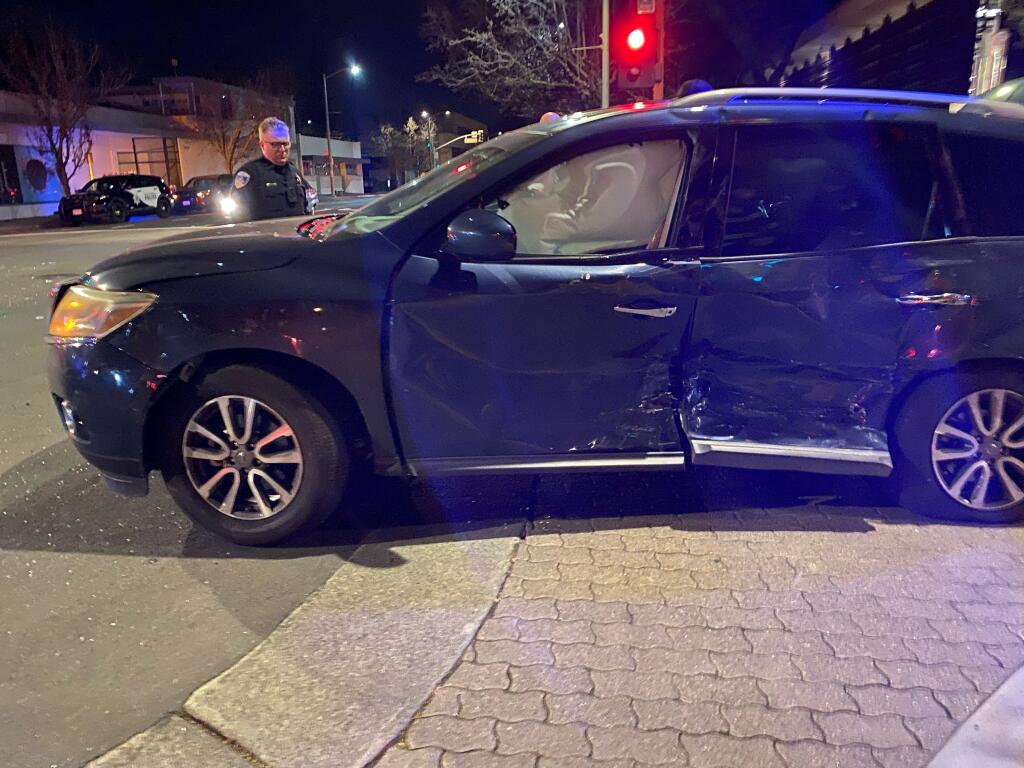 A Santa Rosa police detective was driving this SUV when he was broadsided by a suspected drunk driver, Wednesday, Feb. 1, 2023, police said. (Santa Rosa Police Department)