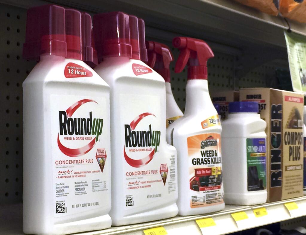FILE--In this Jan. 26, 2017, file p photo, containers of Roundup, left, a weed killer is seen on a shelf with other products for sale at a hardware store in Los Angeles. A federal judge in Sacramento has blocked California from requiring the popular weed-killer Roundup to carry warning labels that it is known to cause cancer. (AP Photo/Reed Saxon, file)