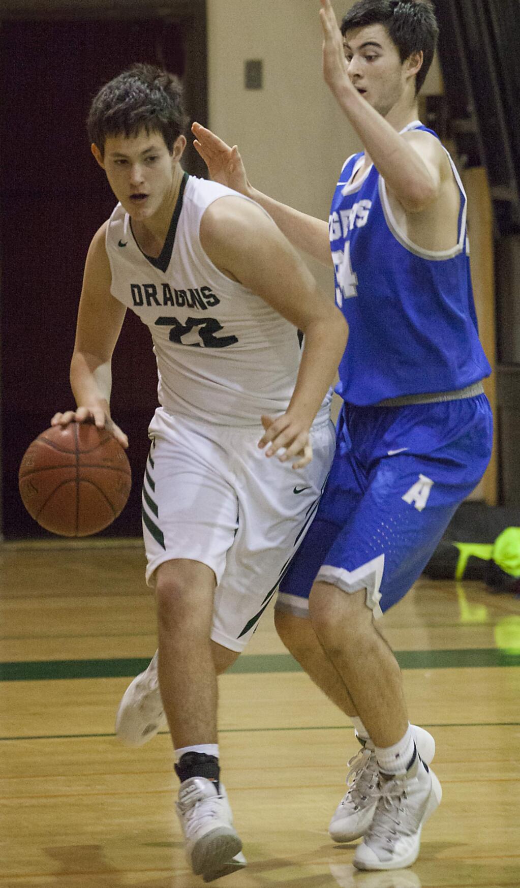 SOPHOMORE MAX GUSTAFSON scored 17 points but the Sonoma Dragons fell to Piner 59-55 in overtime last Thursday in Pfeiffer Gym. (Photo by Robbi Pengelly/Index-Tribune)