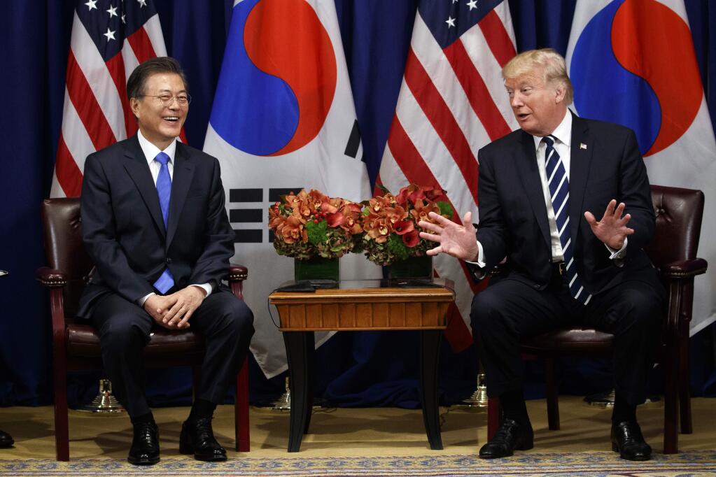 President Donald Trump meets with South Korean President Moon Jae-in at the Palace Hotel during the United Nations General Assembly, Thursday, Sept. 21, 2017, in New York. (AP Photo/Evan Vucci)