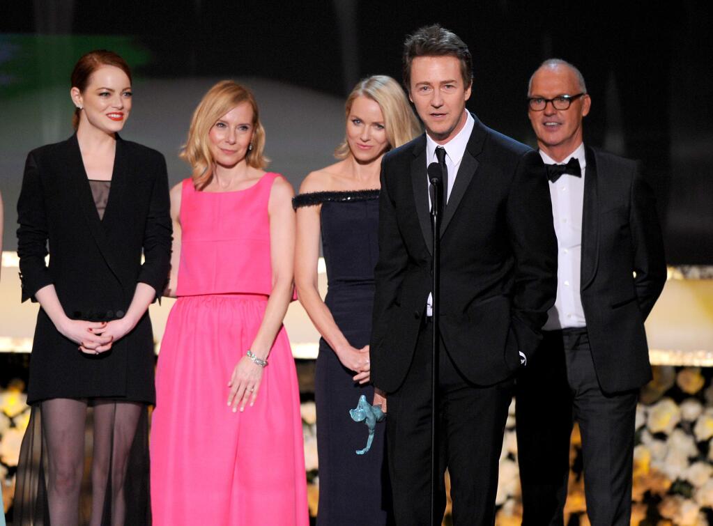 Emma Stone, from left, Amy Ryan, Naomi Watts, Edward Norton, and Michael Keaton accept the award for outstanding performance by a cast in a motion picture for 'Birdman' on stage at the 21st annual Screen Actors Guild Awards at the Shrine Auditorium on Sunday, Jan. 25, 2015, in Los Angeles. (Photo by Vince Bucci/Invision/AP)