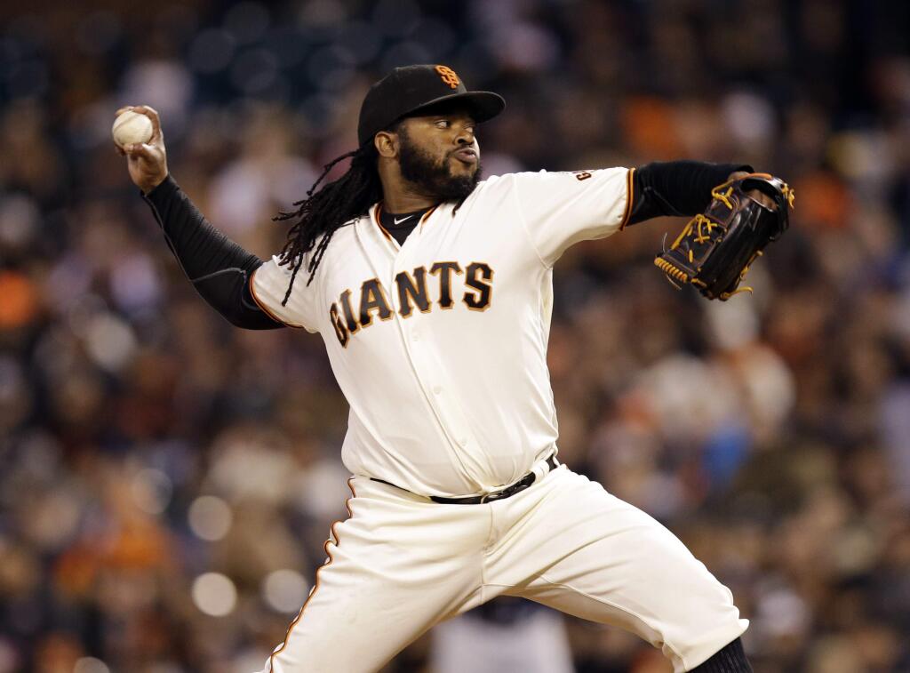 San Francisco Giants starting pitcher Johnny Cueto throws to the San Diego Padres during the fifth inning of a baseball game Tuesday, April 26, 2016, in San Francisco. (AP Photo/Marcio Jose Sanchez)
