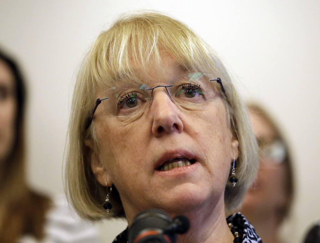 FILE - In this Feb. 21, 2017, file photo, Sen. Patty Murray, D-Wash., speaks at a news conference at FareStart in Seattle. Women seeking abortions and some basic health services, including prenatal care, contraception and cancer screenings, would face restrictions and struggle to pay for some of that medical care under the House Republicans' proposed bill. Murray, the top Democrat on the Health, Labor, Education and Pensions Committee, says the legislation is a 'slap in the face' to women. She said it would shift more decisions to insurance companies. (AP Photo/Elaine Thompson, File)