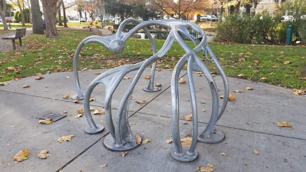 Custom designed in 2010 by local metal sculptor Bryan Tedrick, the city-commissioned rack was the initial result of the city public art program adopted in 2009.