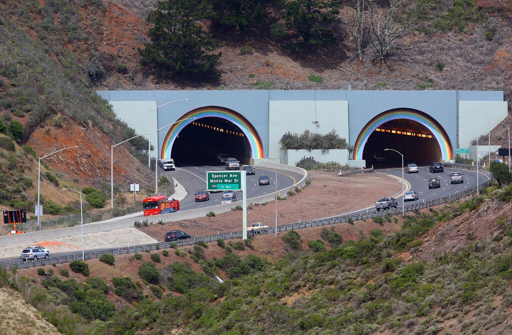 Vehicles make their way along the Waldo Grade through the tunnels, on Highway 101 north of the Golden Gate Bridge, on Monday, April 6, 2015. Assemblyman Marc Levine is seeking to name the tunnels after late entertainer Robin Williams.(Christopher Chung/ The Press Democrat)
