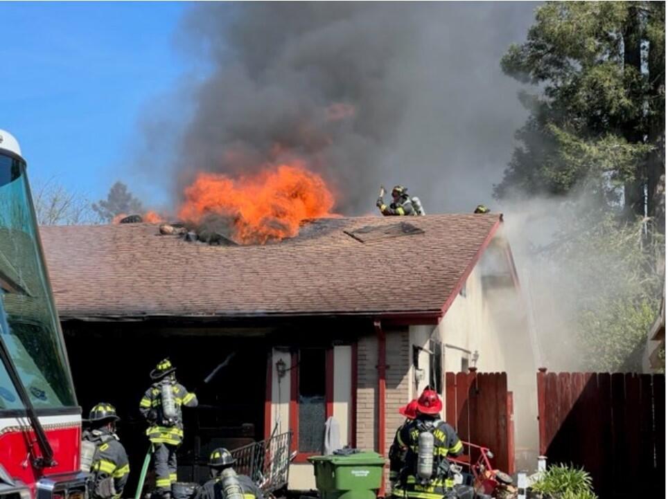 The Petaluma Fire Department extinguished a fire reported about Saturday, April 29, 2023, in the 1200 block of Berrydale Drive. The house was determined to be uninhabitable and three residents were displaced. (Petaluma Fire Department)