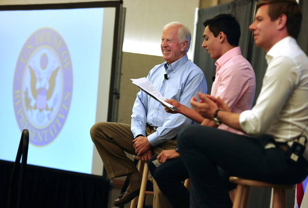 Representative Mike Thompson, left, and Representative Eric Swalwell, right, take part in a Future Forum meeting moderated by Ricky Albanese, vice president for finance, SSU Associated Students, at Sonoma State University, in Rohnert Park, on Thursday, September 1, 2016. (Christopher Chung/ The Press Democrat)