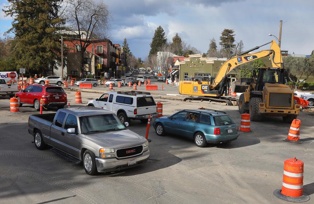 Construction continues on the five-way roundabout at the southern entrance to downtown Healdsburg on Monday, February 26, 2018. (Christopher Chung / The Press Democrat)