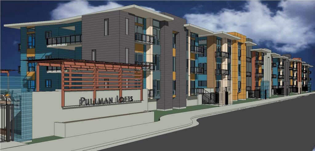Santa Rosa has signed off on the design of a 72-unit apartment complex near the future SMART rail station downtown, the first transit-oriented development to move forward under new zoning rules encouraging higher density housing in the area. (Hedgpeth Architects)