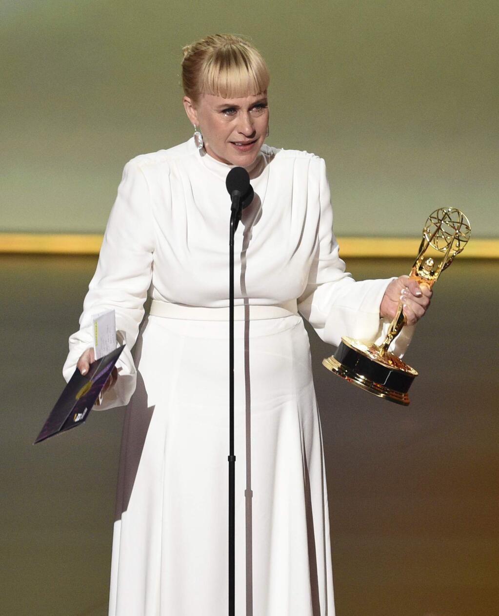 Patricia Arquette accepts the award for outstanding supporting actress in a limited series or movie for 'The Act' at the 71st Primetime Emmy Awards on Sunday, Sept. 22, 2019, at the Microsoft Theater in Los Angeles. (Photo by Chris Pizzello/Invision/AP)