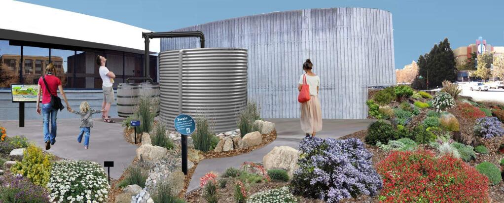 An artist's rendering of proposed drought-tolerant landscaping and a rainfall collection system at Santa Rosa City Hall. (City of Santa Rosa/Gates + Associates)