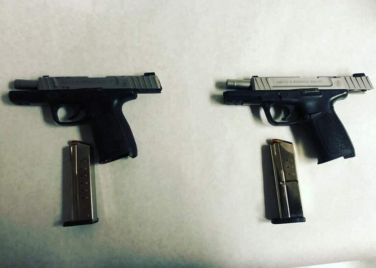 Two guns seized by Petaluma police during the arrest of two Oakland men on weapons, pimping and other charges on Tuesday, May 26, 2020. (Petaluma Police)