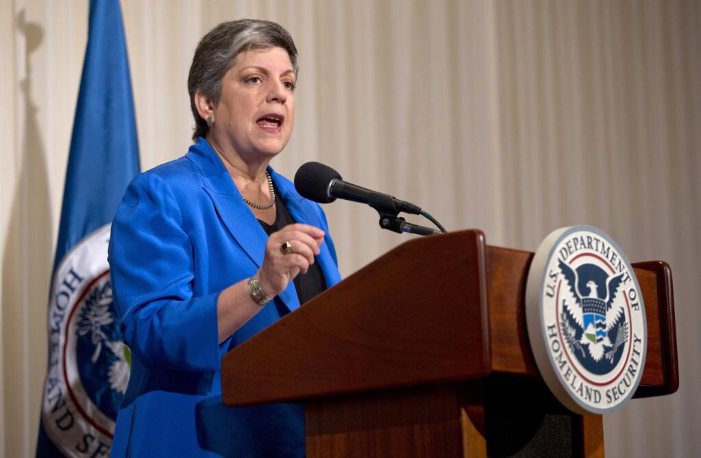 FILE - In this Tuesday, Aug. 27, 2013, file photo, Homeland Security Secretary Janet Napolitano gives her farewell address at the National Press Club in Washington. The University of California said President Napolitano, a former U.S. Homeland Security secretary, is undergoing treatment for cancer and is hospitalized with complications. The Office of the President said in a statement Tuesday, Jan. 17, 2017, that Napolitano was diagnosed last August. (AP Photo/Carolyn Kaster, File)