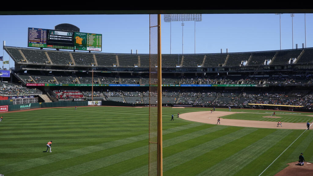 The left field foul pole at RingCentral Coliseum is shown during a baseball game between the Oakland Athletics and the Houston Astros in Oakland, Calif., Saturday, July 9, 2022. (AP Photo/Jeff Chiu)