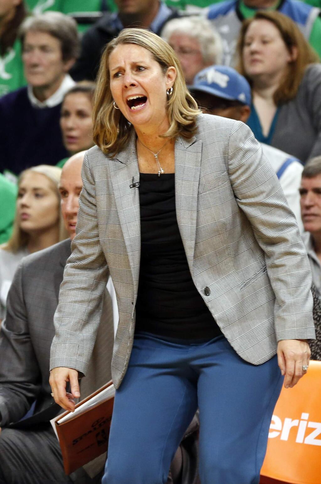 Minnesota Lynx head coach Cheryl Reeve directs her team in the second half during Game 5 of the WNBA basketball finals Thursday, Oct. 20, 2016, in Minneapolis. (AP Photo/Jim Mone)