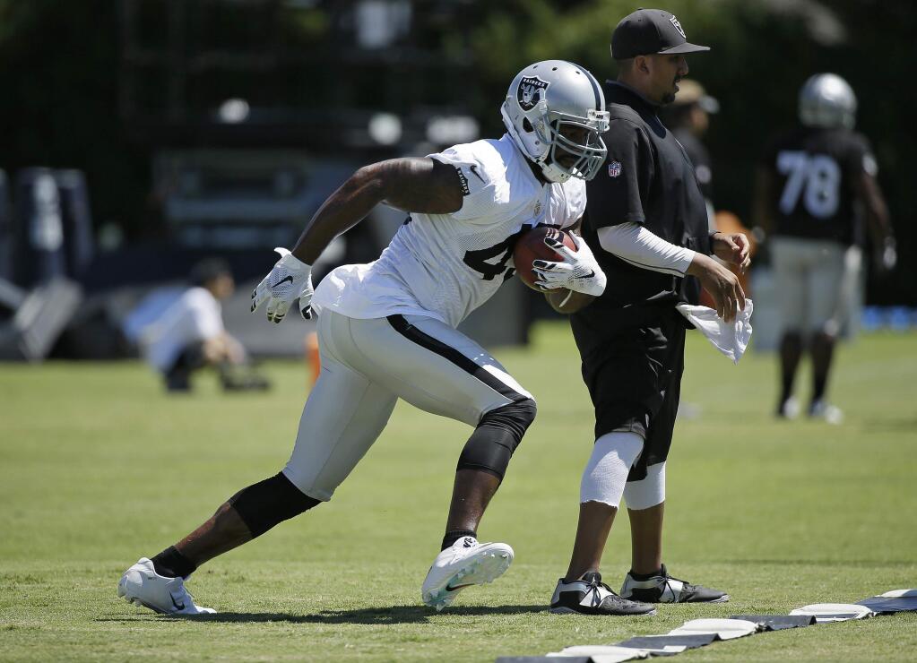 Oakland Raiders fullback Marcel Reece during practice at the NFL football team's training camp Saturday, July 30, 2016, in Napa, Calif. (AP Photo/Eric Risberg)