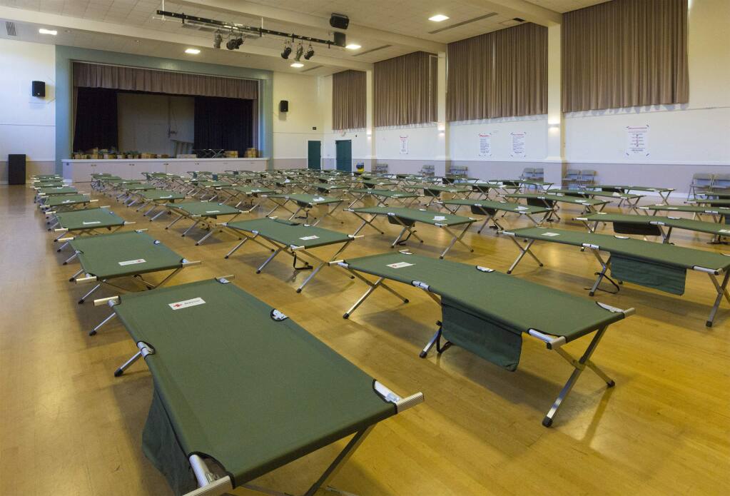 The cots were ready, the volunteers showed up, and the doors were open at the Sonoma Veterans Memorial Hall, ready for evacuees. But on Monday morning, Oct. 28, they were designated 'on hold'. (Photo by Robbi Pengelly/Index-Tribune)