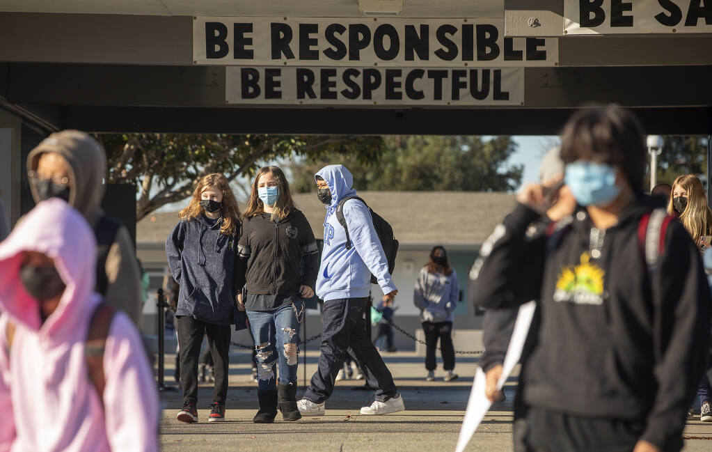 Students at Technology Middle School walked out in support of their striking teachers in Rohnert Park on Friday, March 11, 2022.  (John Burgess/The Press Democrat