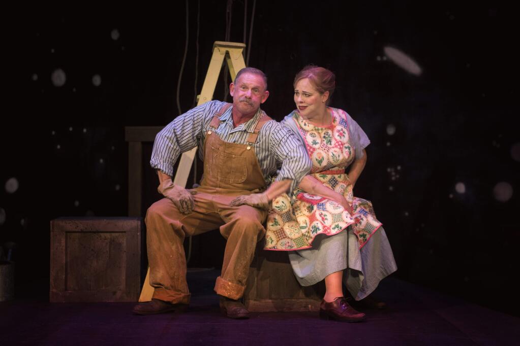Mr. Bellomy (Michael Van Why) and Mrs. Hucklebee (Krista Wigle) conspire to get their kids together in Cinnabar Theater's 'The Fantasticks.'