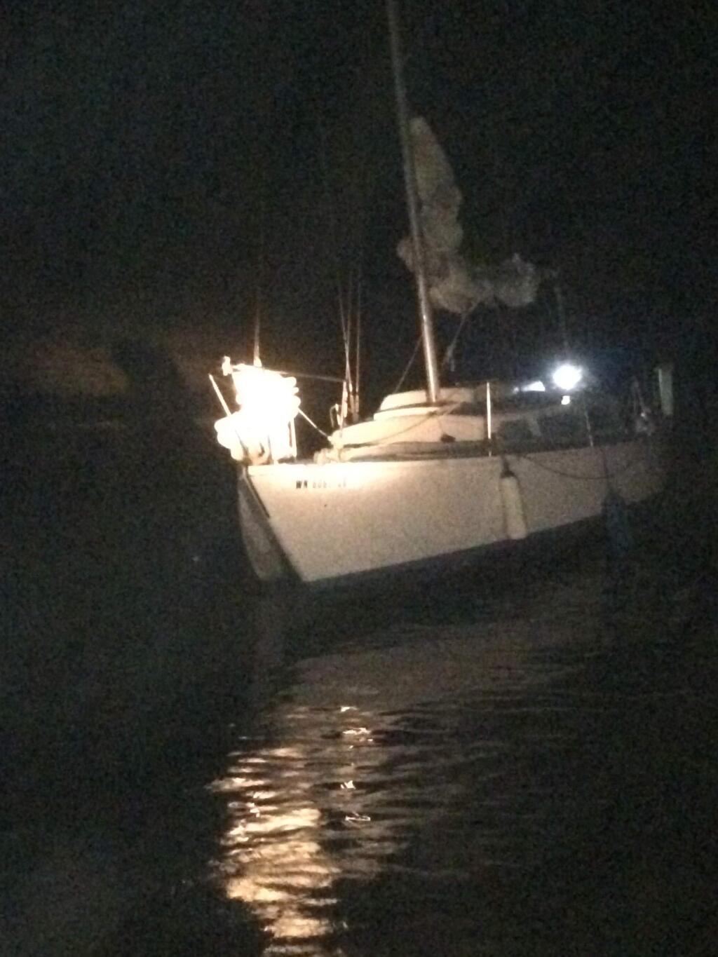 A sailboat washed ashore on Doran Beach early Saturday, July 23, 2016 when its skipper failed to set his anchor properly. ( BODGEGA BAY FIRE PROTECTION DISTRICT )