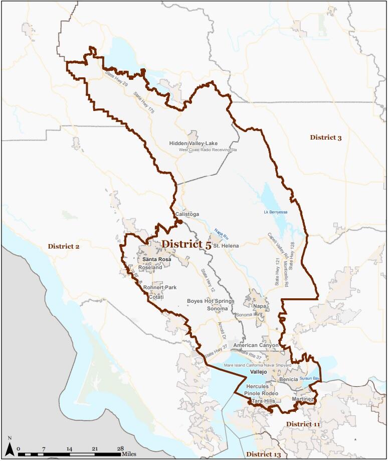 Sonoma’s 5th congressional district, represented by Mike Thompson, D-St. Helena, did not change substantially in the recent redistricting process. (map: wedrawthelines.ca.gov)