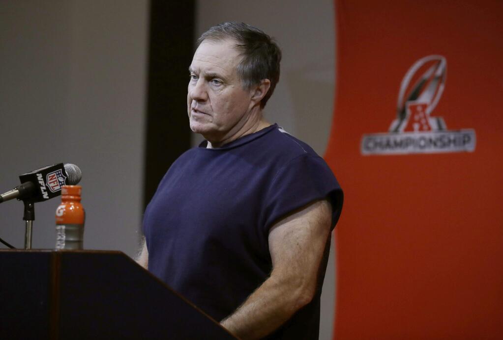 New England Patriots head coach Bill Belichick speaks to the media following the AFC championship against the Jacksonville Jaguars, Sunday, Jan. 21, 2018, in Foxborough, Mass. The Patriots won 24-20. (AP Photo/Charles Krupa)