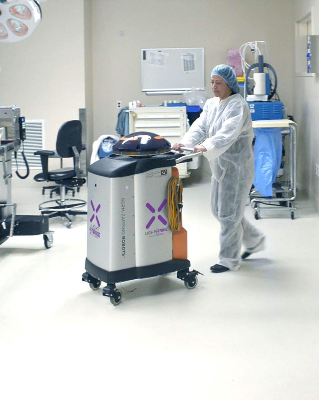 Xenex LightStrike Germ-Zapping Robot disinfects hosptial rooms. Marin General Hospital and Sonoma Valley Hospital are using the robots in 2016. (Xenex)