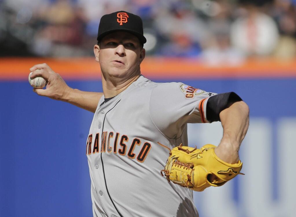 San Francisco Giants' Matt Cain delivers a pitch during the first inning of a baseball game against the New York Mets Saturday, April 30, 2016, in New York. (AP Photo/Frank Franklin II)
