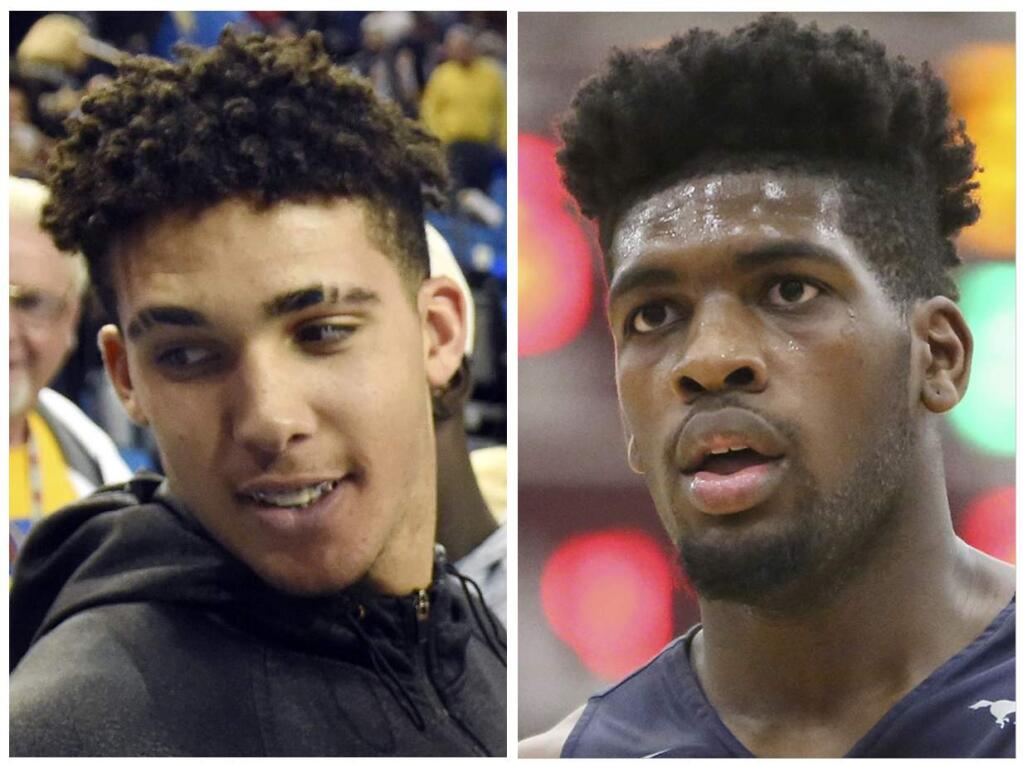 UCLA NCAA college basketball players, Liangelo Ball, left, and Cody Riley are shown in these file photos. (AP Photo/File)